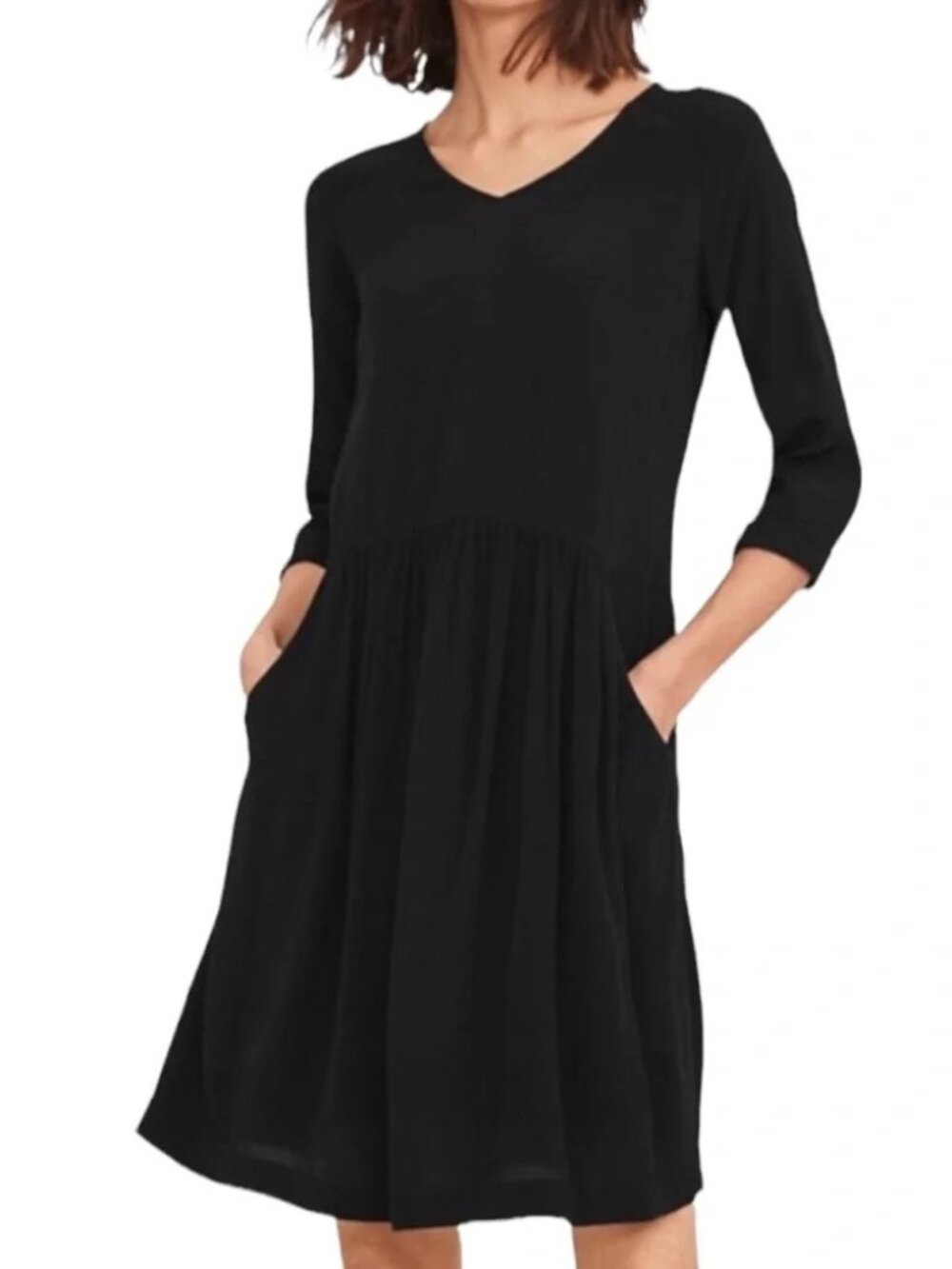 Garnet Hill Bohemian Pocket Detail Mini Dress Black V Neck 3/4 Sleeve
